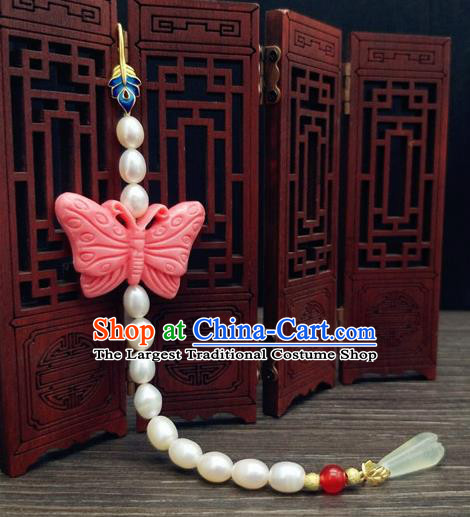 Traditional Chinese Ancient Pink Butterfly Pearls Brooch Handmade Hanfu Palace Breastpin Tassel Pendant for Women