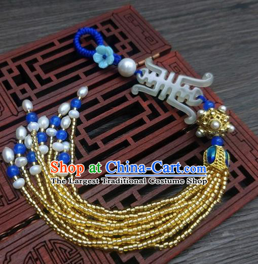 Traditional Chinese Ancient Palace Jade Brooch Handmade Hanfu Breastpin Tassel Pendant for Women