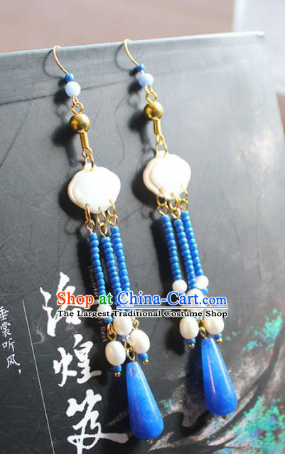 Handmade Chinese Ancient Princess Blue Beads Tassel Earrings Traditional Hanfu Jewelry Accessories for Women