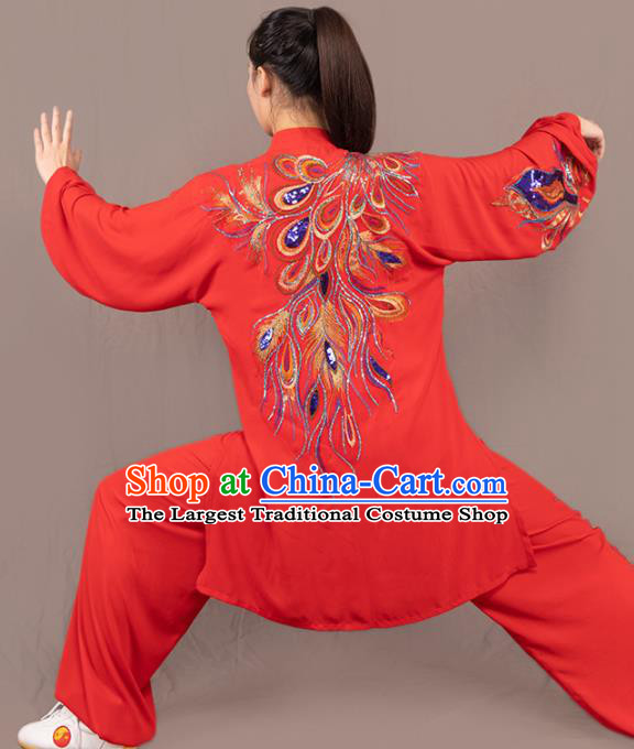 Traditional Chinese Martial Arts Embroidered Phoenix Red Costume Professional Tai Chi Competition Kung Fu Uniform for Women