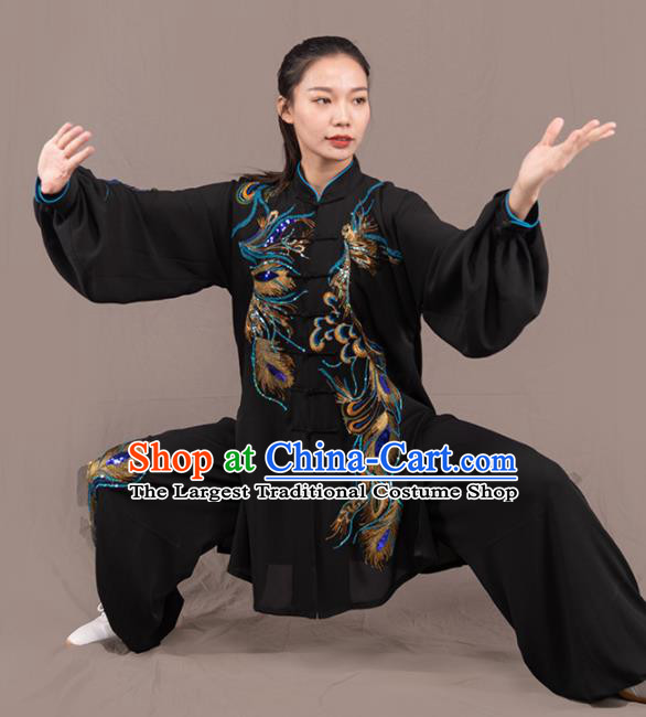 Traditional Chinese Martial Arts Embroidered Phoenix Black Costume Professional Tai Chi Competition Kung Fu Uniform for Women