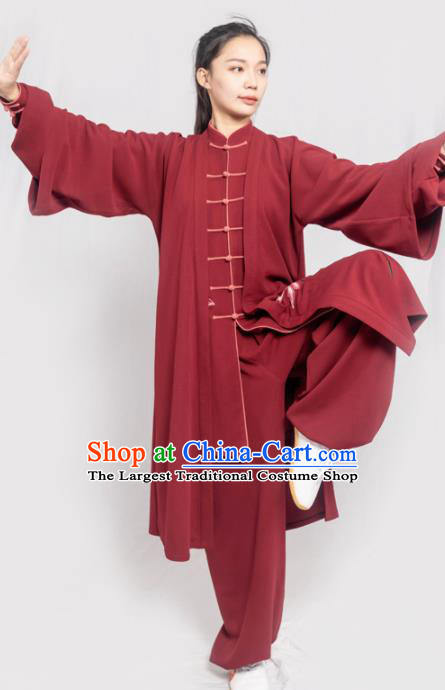 Traditional Chinese Martial Arts Embroidered Lotus Wine Red Costume Professional Tai Chi Competition Kung Fu Uniform for Women