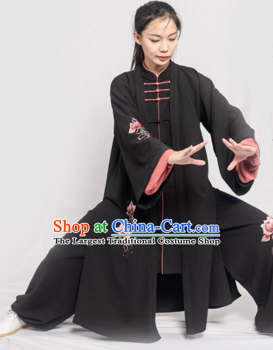 Traditional Chinese Martial Arts Embroidered Peony Black Costume Professional Tai Chi Competition Kung Fu Uniform for Women