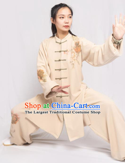 Traditional Chinese Martial Arts Printing Peony Beige Costume Professional Tai Chi Competition Kung Fu Uniform for Women