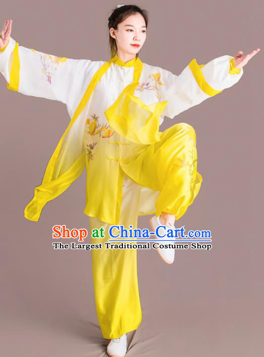 Traditional Chinese Martial Arts Embroidered Yellow Costume Professional Tai Chi Competition Kung Fu Uniform for Women