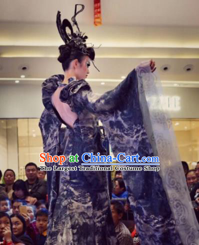 Traditional Chinese Fancy Ball Costume Stage Show Modern Fancywork Blue Dress for Women