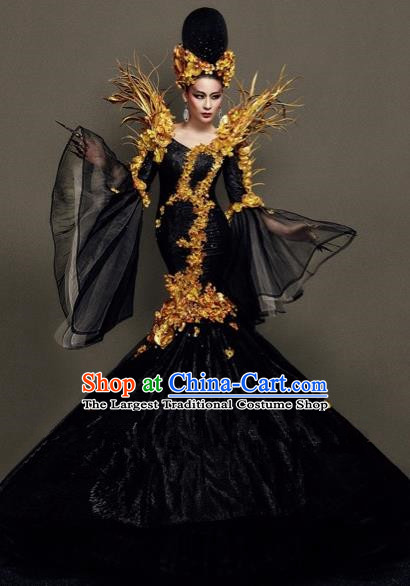 Handmade Modern Fancywork Cosplay Queen Black Veil Trailing Full Dress Halloween Stage Show Fancy Ball Costume for Women