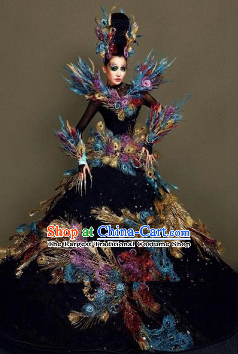 Handmade Modern Fancywork Cosplay Peacock Feather Full Dress Halloween Stage Show Fancy Ball Costume for Women