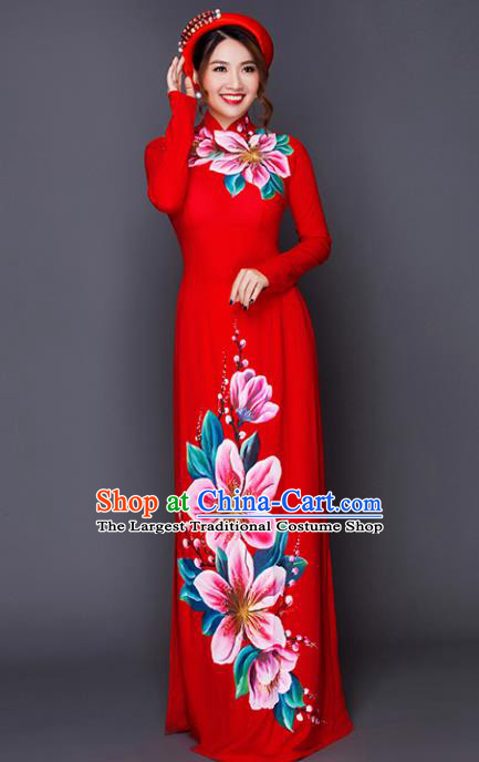 Vietnam Traditional National Costume Court Printing Pink Peach Blossom Ao Dai Dress Asian Vietnamese Cheongsam for Women
