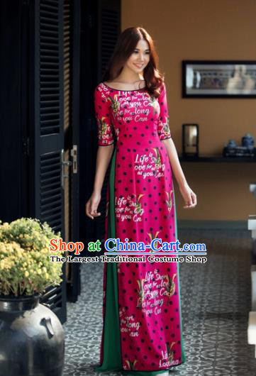 Vietnam Traditional Court Costume Printing Rosy Ao Dai Dress Asian Vietnamese Cheongsam for Women