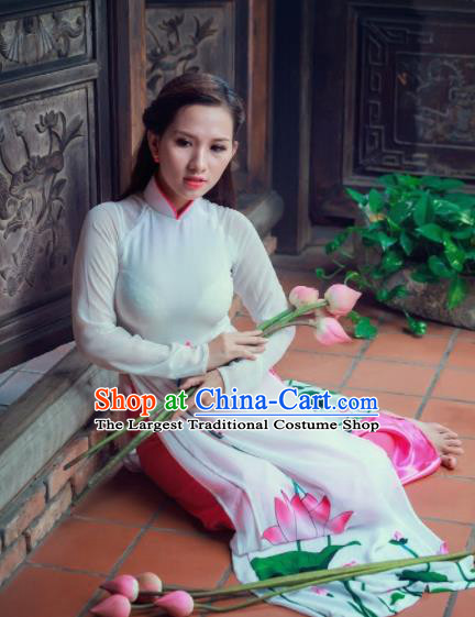 Vietnam Traditional National Costume Printing Lotus White Ao Dai Dress Asian Vietnamese Cheongsam for Women