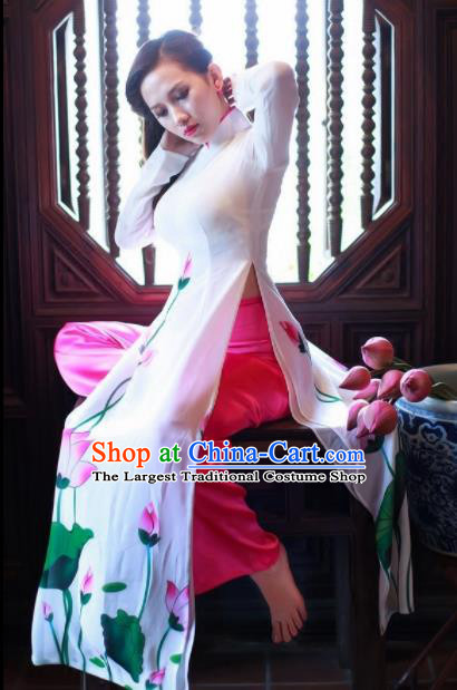 Vietnam Traditional National Costume Printing Lotus White Ao Dai Dress Asian Vietnamese Cheongsam for Women