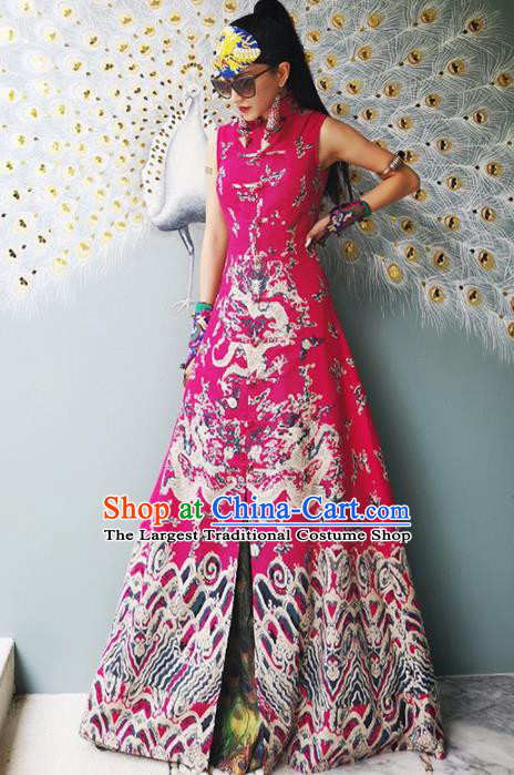 Chinese Traditional National Costume Embroidered Dragons Rosy Cheongsam Tang Suit Qipao Dress for Women