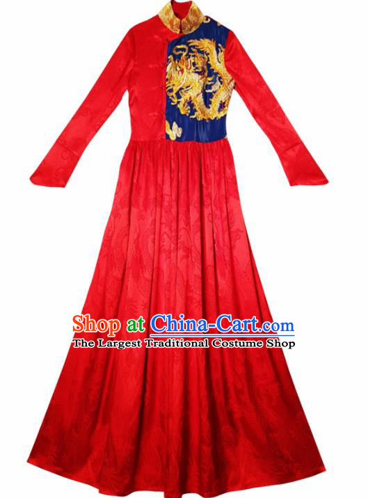 Chinese Traditional National Costume Embroidered Dragon Red Cheongsam Tang Suit Qipao Dress for Women
