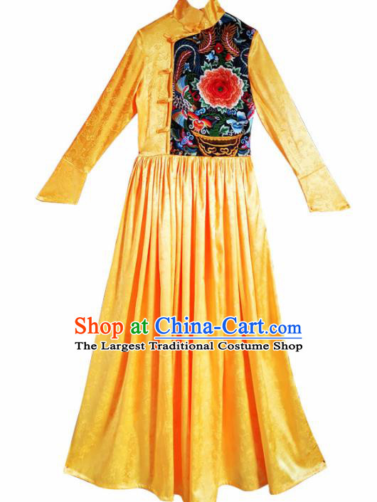 Chinese Traditional Catwalks Costume National Embroidered Peony Yellow Cheongsam Tang Suit Qipao Dress for Women