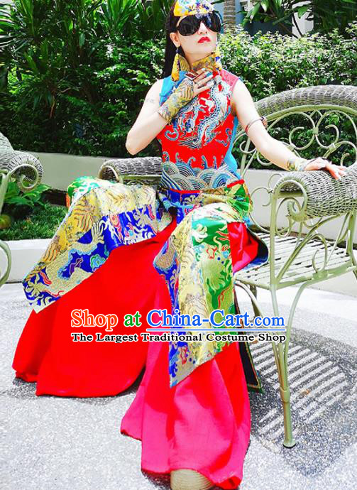 Chinese Traditional Catwalks Costume National Red Brocade Cheongsam Tang Suit Qipao Dress for Women