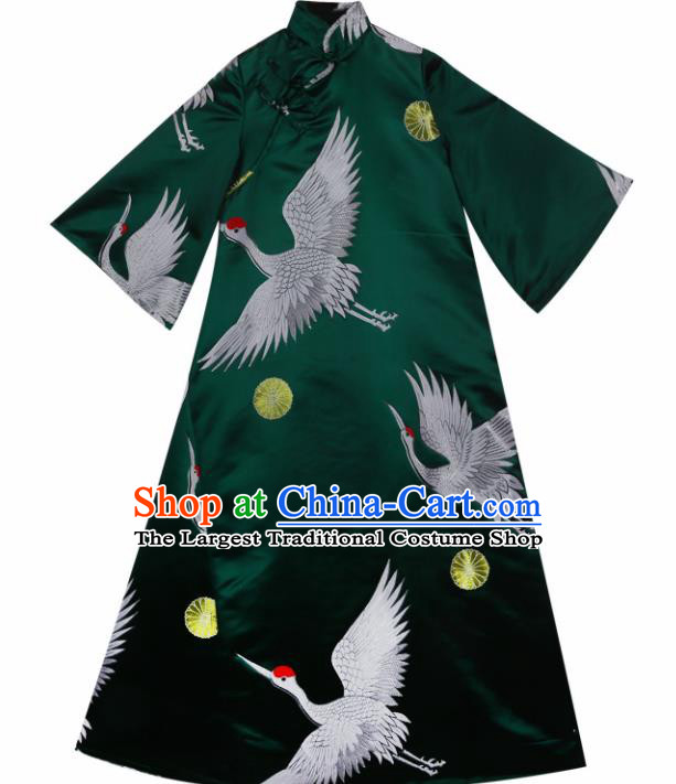 Chinese Traditional Catwalks Costume National Printing Cranes Green Brocade Cheongsam Tang Suit Qipao Dress for Women