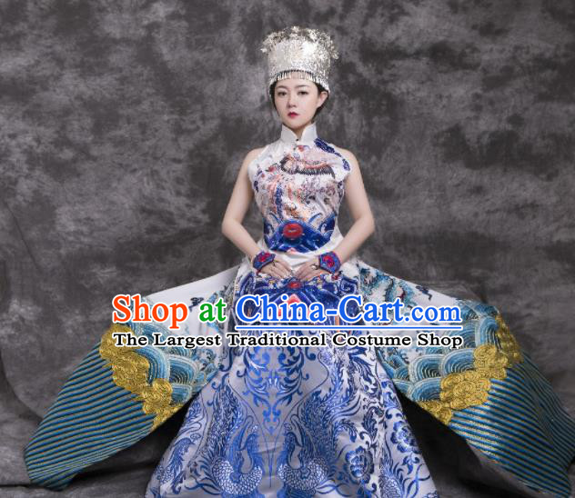 Chinese Traditional Catwalks Costume National White Brocade Cheongsam Tang Suit Qipao Dress for Women