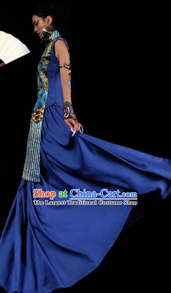 Chinese National Embroidered Blue Cheongsam Traditional Catwalks Costume Tang Suit Qipao Dress for Women