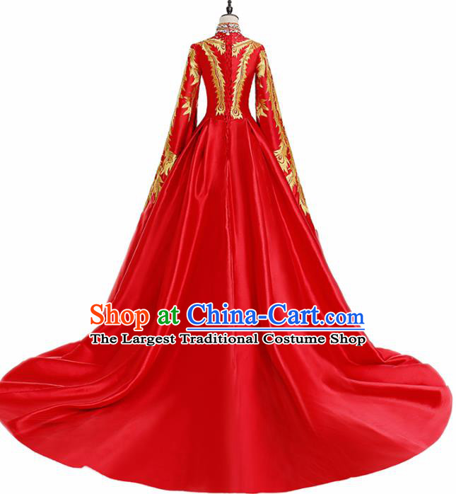 Chinese National Catwalks Wedding Embroidered Red Full Dress Traditional Tang Suit Cheongsam for Women