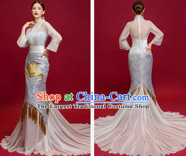 Chinese National Catwalks Grey Trailing Full Dress Traditional Tang Suit Cheongsam for Women