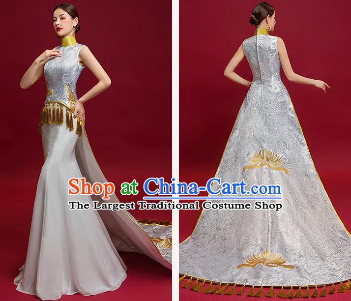 Chinese National Catwalks Embroidered Grey Trailing Full Dress Traditional Compere Cheongsam for Women