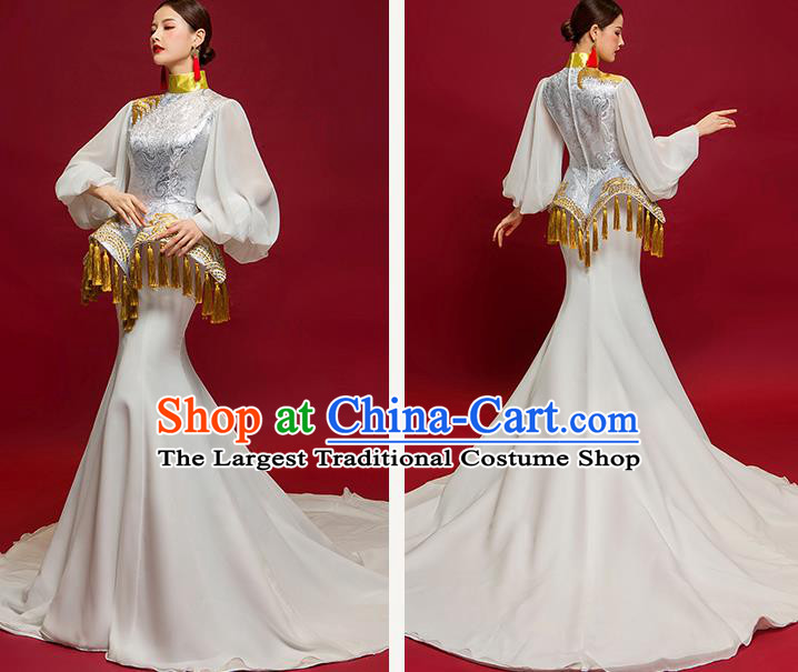Chinese National Catwalks Embroidered Grey Trailing Mermaid Full Dress Traditional Compere Cheongsam for Women