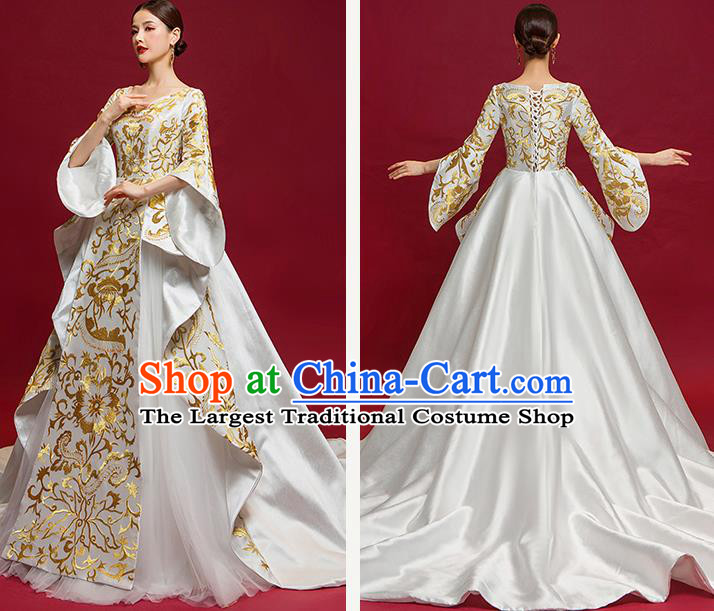 Chinese National Catwalks Golden Flowers Trailing Full Dress Traditional Compere Cheongsam for Women
