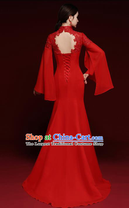 Chinese National Catwalks Embroidered Red Lace Cheongsam Traditional Costume Tang Suit Qipao Dress for Women