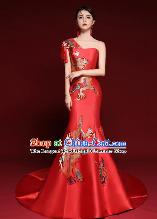 Chinese National Catwalks Printing Dragons Red Trailing Cheongsam Traditional Costume Tang Suit Qipao Dress for Women