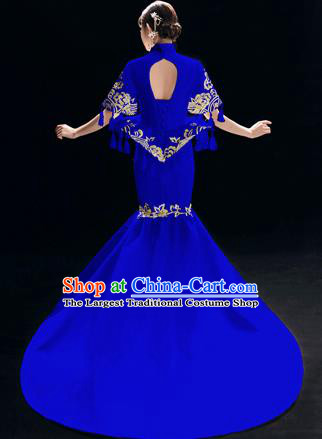 Chinese National Catwalks Embroidered Royalblue Trailing Cheongsam Traditional Costume Tang Suit Qipao Dress for Women