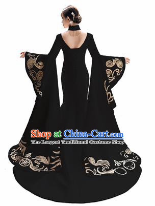 Chinese National Catwalks Embroidered Phoenix Black Cheongsam Traditional Costume Tang Suit Trailing Qipao Dress for Women