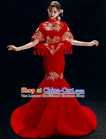 Chinese National Catwalks Embroidered Peony Red Cheongsam Traditional Costume Tang Suit Trailing Qipao Dress for Women