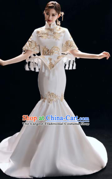 Chinese National Catwalks White Mermaid Cheongsam Traditional Costume Tang Suit Embroidered Qipao Dress for Women