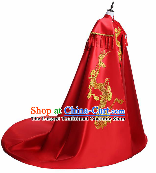 Chinese National Catwalks Costume Embroidered Dragon Trailing Cheongsam Traditional Tang Suit Red Qipao Dress for Women