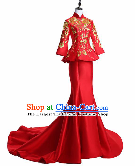 Chinese National Catwalks Costume Embroidered Red Trailing Cheongsam Traditional Tang Suit Qipao Dress for Women