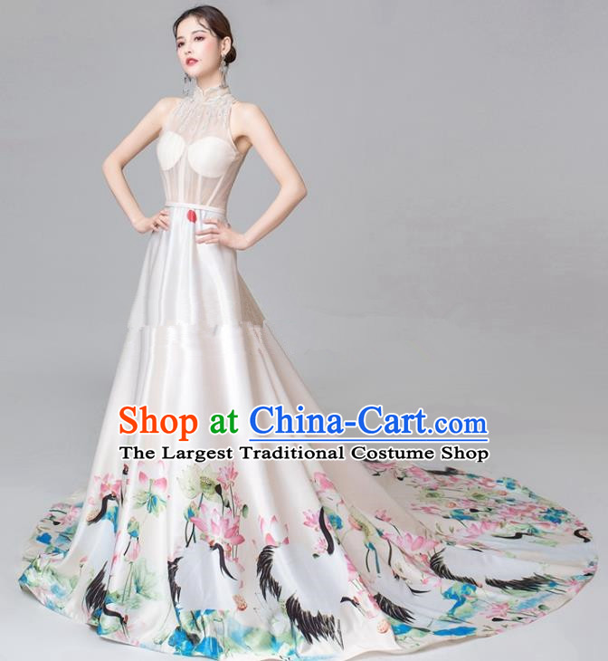 Chinese National Catwalks Printing Lotus White Trailing Cheongsam Traditional Costume Tang Suit Qipao Dress for Women