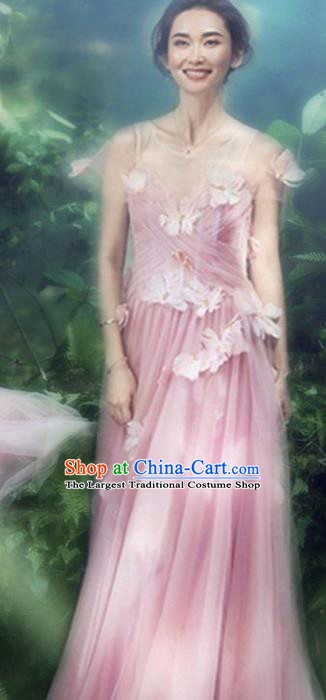 Top Grade Chorus Compere Costume Modern Dance Party Catwalks Bridesmaid Pink Veil Full Dress for Women