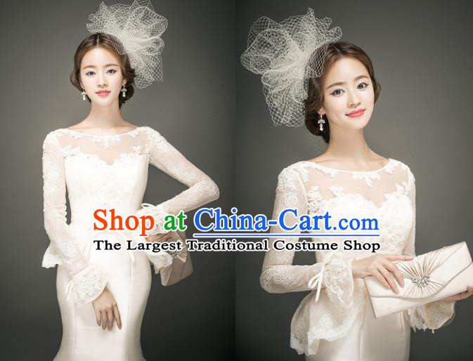 Top Grade Compere Costume Modern Dance Party Catwalks White Lace Full Dress for Women
