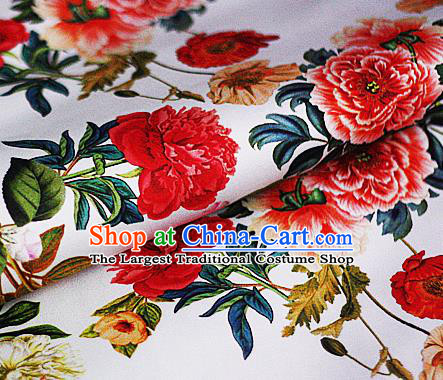Chinese Classical Printing Peony Pattern Design White Brocade Cheongsam Silk Fabric Chinese Traditional Satin Fabric Material