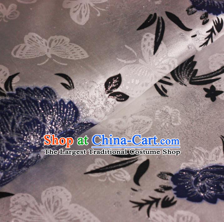 Chinese Classical Blue Peony Pattern Design Brocade Cheongsam Silk Fabric Chinese Traditional Satin Fabric Material