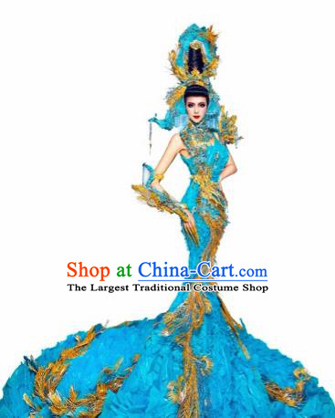 Handmade Modern Fancywork Stage Show Blue Trailing Dress Halloween Cosplay Queen Fancy Ball Costume for Women