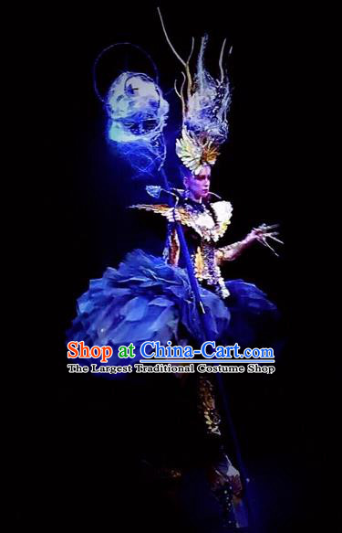 Handmade Europe Court Stage Show Blue Clothing Halloween Cosplay Fancy Ball Modern Fancywork Costume for Women