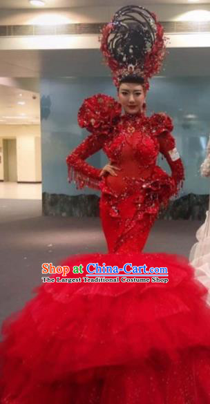 Handmade Europe Court Stage Show Red Fishtail Dress Halloween Cosplay Fancy Ball Modern Fancywork Costume for Women