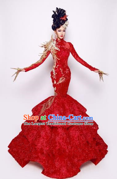 Handmade Modern Fancywork Stage Show Court Red Fishtail Full Dress Halloween Cosplay Queen Fancy Ball Costume for Women