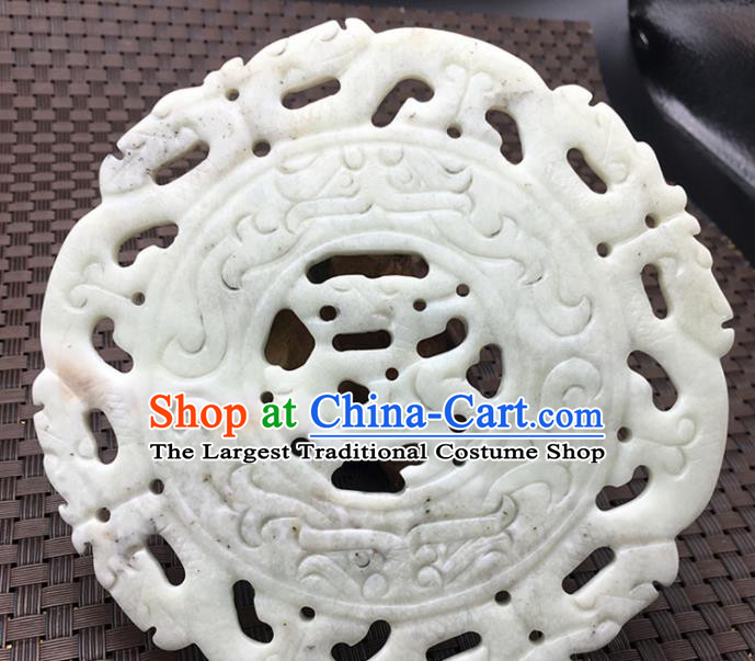 Chinese Handmade Carving Dragon White Jade Ring Pendant Jewelry Accessories Ancient Traditional Jade Craft Decoration