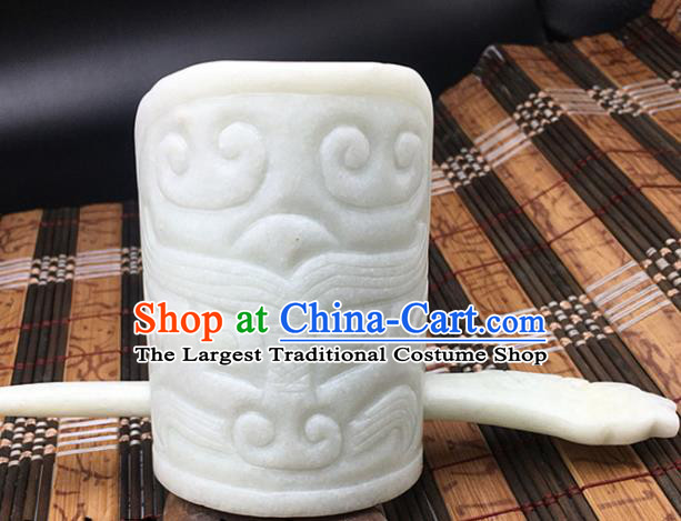 Chinese Handmade White Jade Carving Hairdo Crown Ancient Jade Hairpins Hair Accessories for Women for Men