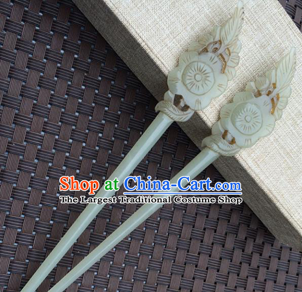 Handmade Chinese Jade Flower Hair Clip Ancient Palace Jade Carving Hairpins Hair Accessories for Women for Men