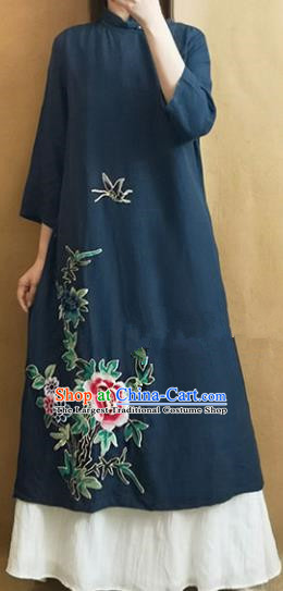 Traditional Chinese Tang Suit Embroidered Peony Navy Cheongsam Qipao Dress National Costume for Women