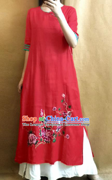 Traditional Chinese Embroidered Peony Red Cheongsam Tang Suit Qipao Dress National Costume for Women